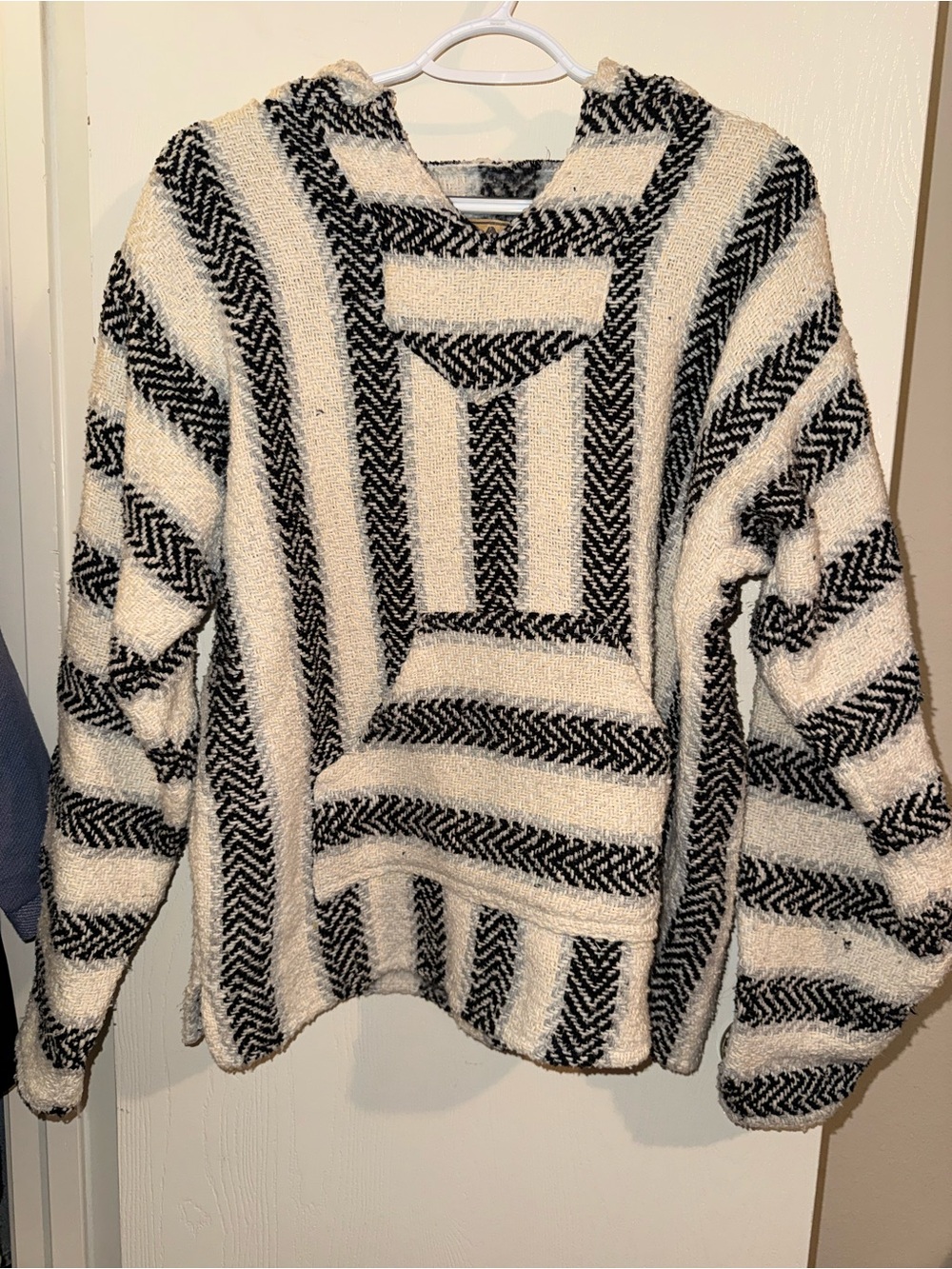 Striped Hooded Baja Pullover - Black & Cream